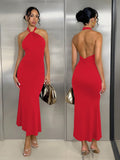 SHEIN Allurite Plain Color Halter Backless Twist Long Dress, Casual Everyday Wear