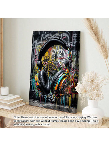 1pc Graffiti Wall Art Print, Abstract Urban DJ Headphones Poster, Retro Music Wall Graffiti Picture Decor, Modern Street Digital Pop Art, Teen Men Kid Gamer Bedroom Room Decor Wooden Frame - Thickness 1.5cm Posters,Wall Art,Room Decoration Stuff