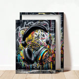 1pc Graffiti Wall Art Print, Abstract Urban DJ Headphones Poster, Retro Music Wall Graffiti Picture Decor, Modern Street Digital Pop Art, Teen Men Kid Gamer Bedroom Room Decor Wooden Frame - Thickness 1.5cm Posters,Wall Art,Room Decoration Stuff