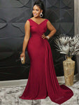 Sleeveless V-Neck Slit Sexy And Elegant Women's Evening Gown In Burgundy