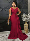 Sleeveless V-Neck Slit Sexy And Elegant Women's Evening Gown In Burgundy