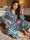 Shein CoupledUp Striped Print Contrast Piping Satin PJ Set / Pajama Set