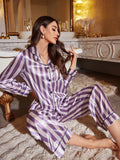 Shein CoupledUp Striped Print Contrast Piping Satin PJ Set / Pajama Set