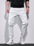 Manfinity LEGND Men Ripped Frayed Skinny Jeans, Plain Dark Blue Slim Fit Long Cargo Jeans, For Husband, Boyfriend Gifts