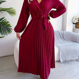 Solid Color Surplice Neck Pleated Dress, Elegant Lantern Sleeve Tie Waist A-line Ankle Length Dress For Spring