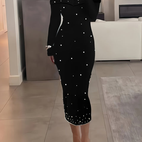 Elegant Pearl Beaded Off the Shoulder Long Sleeve Pencil Dress - Stretchy Micro Elasticity, Solid Color, Backless, Slim Bodycon Fit, Random Printing - Perfect for Womens Formal Occasions, All Seasons