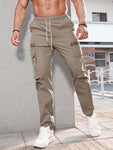 Men'S Solid Zipper Flap Pocket Drawstring Waist Cargo Pants, Regular Fit Menswear, Casual Plain Jogger Pants for Daily Wear, Cargo Pants for Men, Men'S Streetwear, Men'S Trousers for Spring & Fall, Pants for Men, Men'S Clothing