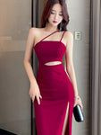 Elegant One-Shoulder Split Hem Dress - Bodycon, Stretch Fabric, Machine Washable - Perfect for Valentine's Day