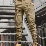 Men'S Tactical Cargo Pants, Casual Slim Fit Joggers with Multiple Pockets, Solid Color Polyester 100%, Non-Stretch Fabric, Drawstring Waist, Regular Fit, Cropped Length, Suitable for Spring/Fall, Weekend Casual Wear - Style 2188