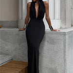 Solid Deep V-neck Hooded Dress, Elegant Backless Maxi Length Dress For Party