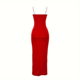 Split Elegant Spaghetti Dress, Sleeveless Solid Cami Dress For Club