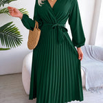 Solid Color Surplice Neck Pleated Dress, Elegant Lantern Sleeve Tie Waist A-line Ankle Length Dress For Spring