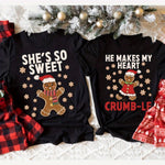 Matching Couple's Christmas Pajama Set - Cozy Cotton Gingerbread Print T-Shirts, Short Sleeve Crew Neck, Machine Washable, Casual Fit for Men