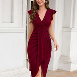 Elegant Women's Solid Surplice Neck Ruched Dress with Flutter Sleeve and Asymmetrical Hem for Elegant Dressing