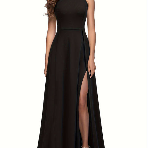 Solid Color Sleeveless Maxi Dress - Flattering Mock Neck, Slim Fit, Elegant Design, Dramatic Split Detail - Perfect for Womens Formal Party and Banquet Occasions