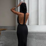 Solid Deep V-neck Hooded Dress, Elegant Backless Maxi Length Dress For Party