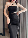 Elegant One-Shoulder Split Hem Dress - Bodycon, Stretch Fabric, Machine Washable - Perfect for Valentine's Day