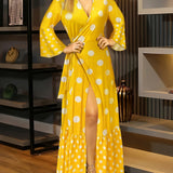 Stunning Polka Dot Maxi Dress - Women's Elegant Clothing with Flared Sleeves, Plunging Neckline, and Flowy Silhouette for Chic Dressing - Perfect for Formal Occasions and Everyday Wear