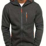 Men's Casual Hooded Jacket - Full Zip, Long Sleeve, Polyester Blend, Solid Color with Kangaroo Pocket - Perfect for Fall