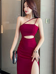 Elegant One-Shoulder Split Hem Dress - Bodycon, Stretch Fabric, Machine Washable - Perfect for Valentine's Day