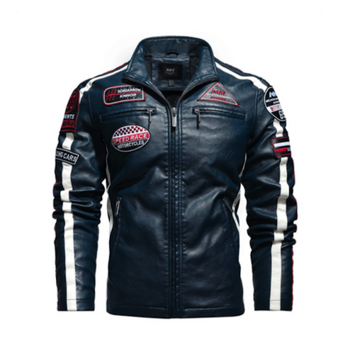 Mens Biker Vegan Leather Jacket With Badges - MapleARTUS