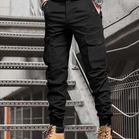 Men'S Tactical Cargo Pants, Casual Slim Fit Joggers with Multiple Pockets, Solid Color Polyester 100%, Non-Stretch Fabric, Drawstring Waist, Regular Fit, Cropped Length, Suitable for Spring/Fall, Weekend Casual Wear - Style 2188