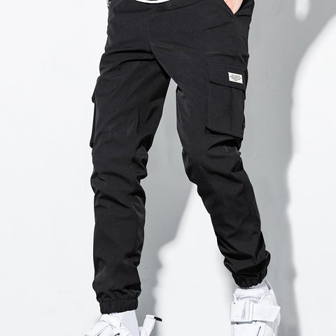 Mens Stylish Black Cargo Pants with Durable Flap Pockets - Multipurpose, Comfortable Fit for All-Season Wear