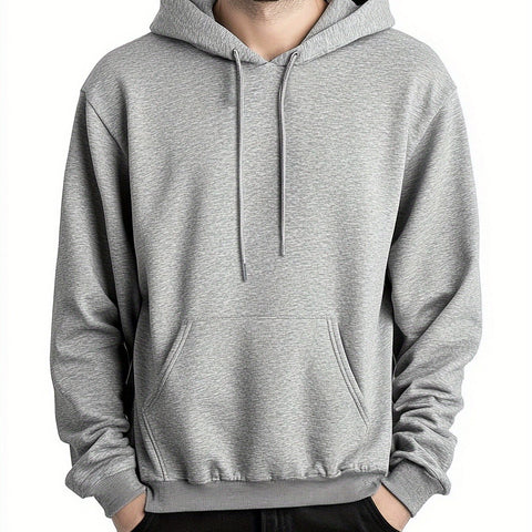 Men's Casual Solid Color Hoodie with Kangaroo Pocket - Cozy Polyester Pullover for Casual Attire, Perfect for Spring