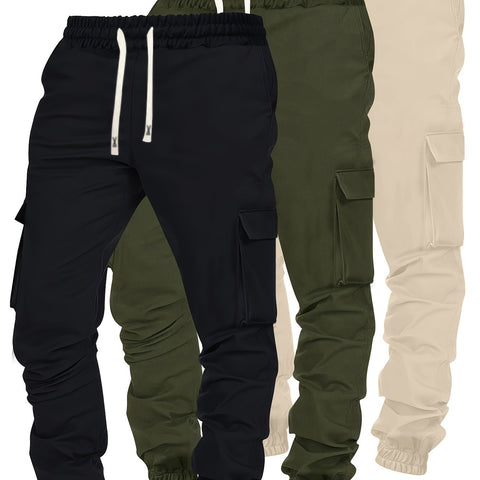 [Popular Choice] 3pcs Men's Cargo Pants - Fall/Winter, Multi-Pocket Design, Solid Color with Elastic Drawstring Waist, Comfortable Polyester, Casual Jogger Sport Trousers in Black, Olive Green, Beige