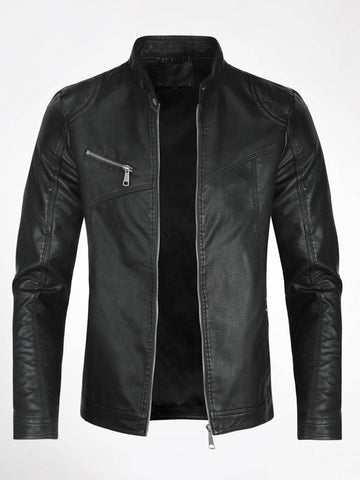 CLOUDSTYLE Men Zip Up PU Leather Solid Jacket - MapleCo