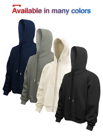 Men'S Casual Hoodie, 100% Polyester Jersey, Solid Color, Slight Stretch, Loose Fit, Zipper Details And Kangaroo Pocket, Suitable For Daily Wear, Autumn And Winter Series