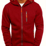 Men's Casual Hooded Jacket - Full Zip, Long Sleeve, Polyester Blend, Solid Color with Kangaroo Pocket - Perfect for Fall