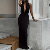 Solid Deep V-neck Hooded Dress, Elegant Backless Maxi Length Dress For Party