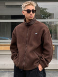 DAZY Men Letter Patched Drop Shoulder Teddy Jacket - MapleCo