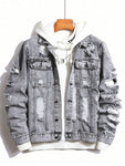 Manfinity EMRG Men Ripped Flap Pocket Denim Jacket Without Hoodie, Plain Grey Party Grunge Rapper Denim Jacket - MapleCo