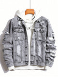 Manfinity EMRG Men Ripped Flap Pocket Denim Jacket Without Hoodie, Plain Grey Party Grunge Rapper Denim Jacket - MapleCo