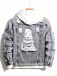 Manfinity EMRG Men Ripped Flap Pocket Denim Jacket Without Hoodie, Plain Grey Party Grunge Rapper Denim Jacket - MapleCo