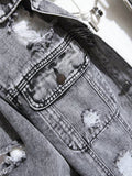 Manfinity EMRG Men Ripped Flap Pocket Denim Jacket Without Hoodie, Plain Grey Party Grunge Rapper Denim Jacket - MapleCo