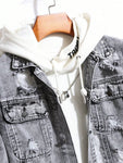 Manfinity EMRG Men Ripped Flap Pocket Denim Jacket Without Hoodie, Plain Grey Party Grunge Rapper Denim Jacket - MapleCo