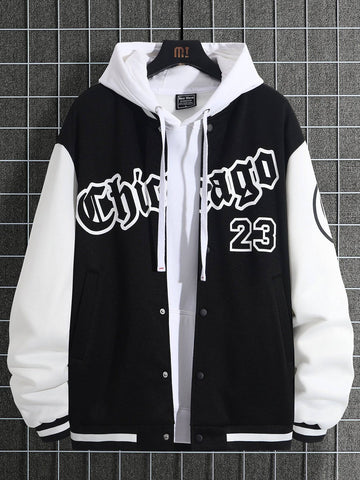 Manfinity Sporsity Loose Fit Men's Two-Tone Varsity Jacket Without Hoodie, Letter Graphic Design - MapleCo