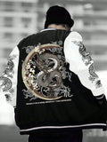 Manfinity EMRG Men's Colorblocked Baseball Jacket With Slogan And Dragon Print For Autumn - MapleCo