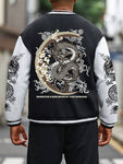 Manfinity EMRG Men's Colorblocked Baseball Jacket With Slogan And Dragon Print For Autumn - MapleCo