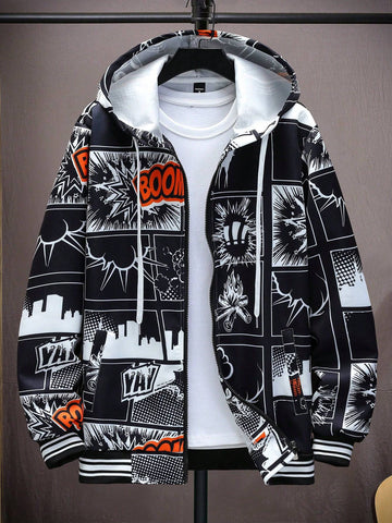 Manfinity EMRG Men Hooded Drawstring Allover Print Long Sleeve Trendy Jacket - MapleCo