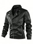 Manfinity LEGND Men Zip Up PU Leather Moto Jacket,Motorcycle Jacket, Leather, Plain, Rapper, Long Sleeve, Korean Fashion - MapleCo