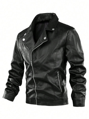 Manfinity LEGND Men Zip Up PU Leather Moto Jacket,Motorcycle Jacket, Leather, Plain, Rapper, Long Sleeve, Korean Fashion - MapleCo