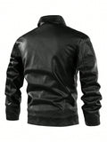 Manfinity LEGND Men Zip Up PU Leather Moto Jacket,Motorcycle Jacket, Leather, Plain, Rapper, Long Sleeve, Korean Fashion - MapleCo