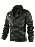 Manfinity LEGND Men Zip Up PU Leather Moto Jacket,Motorcycle Jacket, Leather, Plain, Rapper, Long Sleeve, Korean Fashion - MapleCo