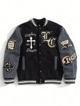 Manfinity Streetrush Men's Spring Autumn Casual Baseball Jacket With Letter Cross Print And Striped Color Blocking - MapleCo