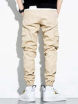 Manfinity Hypemode Men Letter Patched Flap Pocket Cargo Pants Tapered Plain Khaki Going Out - MapleCo