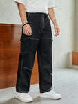 Manfinity UrbanChill Men Cotton Top Stitching Flap Pocket Side Cargo Pants Straight Leg Long Slacks 90S Plain Black Going Out Boyfriend Gift - MapleCo